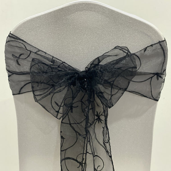 Organza Embroided Sash - Black